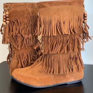 Brown Calf High Fringe Boots